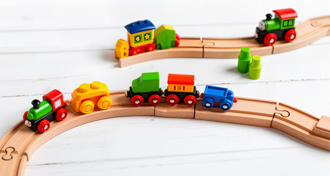 Kids toys on toy wooden railway on white wooden background
