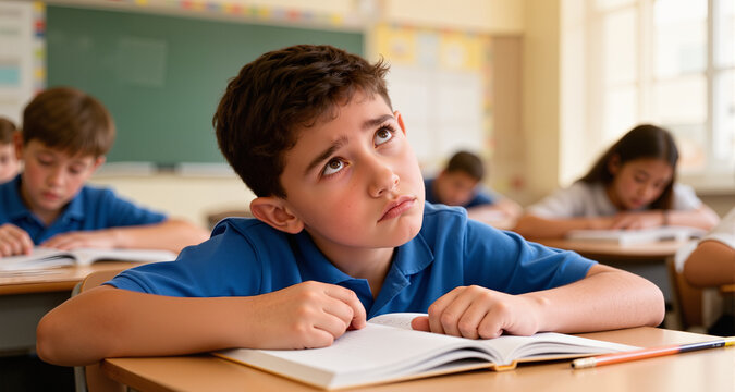 Bored elementary school student daydreaming in class
