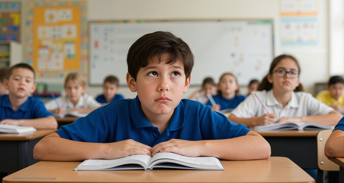 Bored elementary school student daydreaming in class
