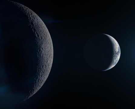 A view of planet Earth from the cratered surface of the moon. Elements of this image furnished by NASA.