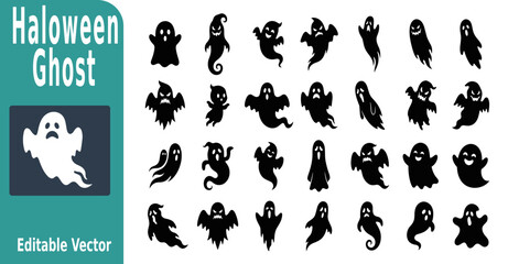 Obraz premium Halloween themed ghost illustration pack featuring diverse floating specters in black silhouette style, perfect for spooky seasonal designs, event invitations, and digital marketing assets