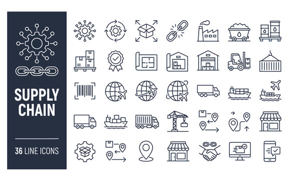 Supply chain line icon set depicting industrial logistics warehouse transport and distribution parts.