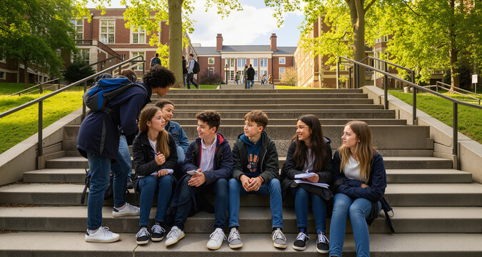 young students talking on the stairs of the university campus
