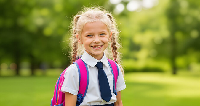 Portrait of smiling young girl with backpack outdoors. Happy blonde student in school uniform against blurred green background. Back to school concept
