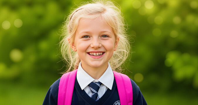 Portrait of smiling young girl with backpack outdoors. Happy blonde student in school uniform against blurred green background. Back to school concept
