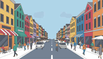 Naklejka premium Perspective view of a busy city street with colorful buildings and people walking shows an active urban environment for city planning themes.