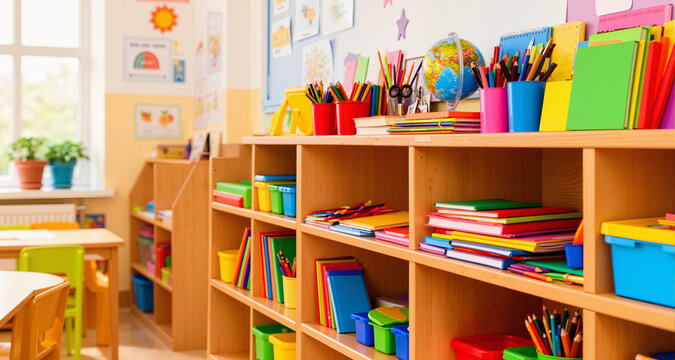 Colorful school supplies organized on wooden shelves in a bright classroom setting
