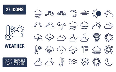 Fototapeta premium Weather forecast line icon set featuring climate elements and temperature gauges in clean linear style.