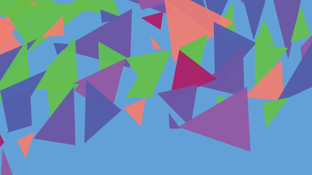Minimalist art print consisting of overlapping triangles in green purple and coral shades set against light blue background surface design.
