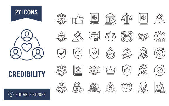 Credibility and business trust line icon set featuring handshake and legal symbols for corporate use.