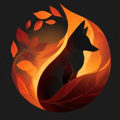 Naklejka premium A fox silhouette sits against a backdrop of glowing leaves in russet colors during dusk in a forest setting.