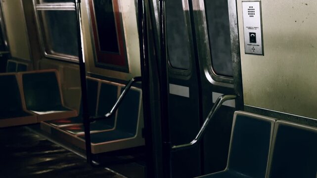 The picture shows a quiet subway train with empty seats and no people. The lighting is dim, and the walls appear worn. This scene takes place during late night hours.