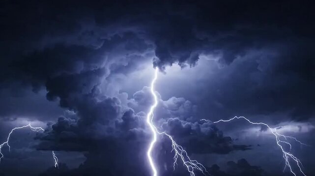 Bright lightning bolt flashing across dark stormy sky and clouds at night