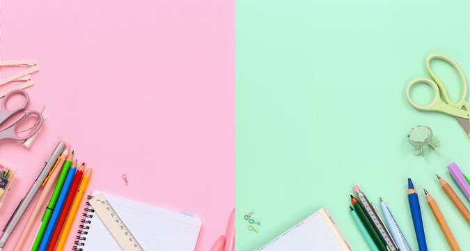 Flat lay arrangement of school supplies on pastel background with copy space
