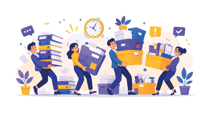 Office workers carrying heavy stacks of files and boxes with a clock in background