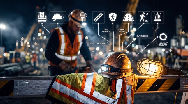 Industrial night construction safety gear infographic equipment hard hat reflective vest worksite lighting protocol with construction barrier interactive overlaid dark industrial hat high