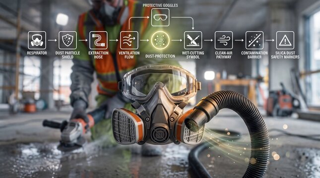 Industrial construction safety diagram demonstrating silica dust protection equipment with protective respirators extraction illustrates comprehensive safety construction workers utilizing