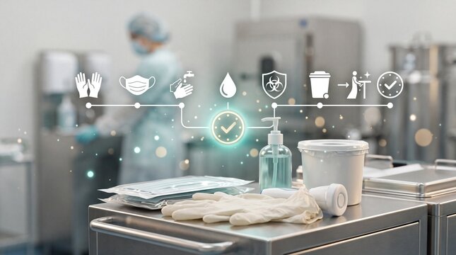 Medical hygiene protocol steps with sanitization icons and safety equipment on stainless steel surface with blurred worker background disinfection sanitation protection laboratory with hands