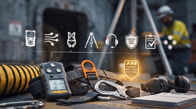 Industrial safety equipment with ear protection alongside digital icons representing confined space entry protocols equipment including gas gas detector harness infrastructure technology