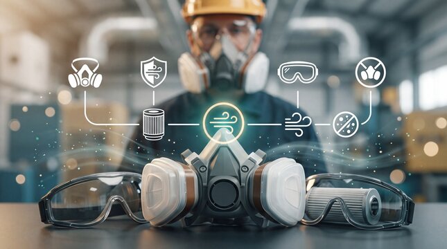 Industrial safety equipment respirator mask goggles and digital protection icons for worker health hazard prevention with respirators goggles table factory worker background gear such