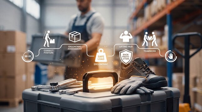 Warehouse safety protocols illustrated with ergonomic assessment and correct posture for manual handling with protection technology industrial logistics interface equipment industry
