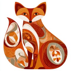 Naklejka premium The fox sits calmly, surrounded by retro patterns in rust colors. Its design reflects a groovy style typical of the 1970s era.