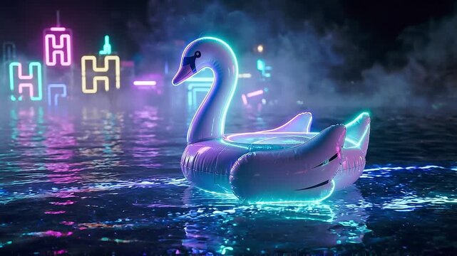 Tracking shot of inflatable swan drifting and bobbing on reflective water in neon city at night with foggy atmosphere and glowing pink cyan highlights