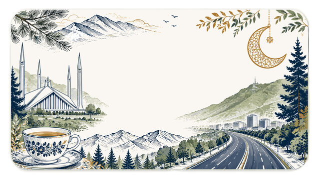 Islamabad decorative travel postcard collage with Faisal Mosque silhouette, Margalla Hills, pine trees, tea cup, crescent ornament