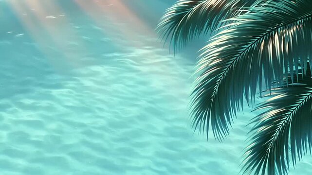 Summer hot vibe lifestyle. A vivid, realistic depiction of a tropical beach scene. The main subject is a palm tree with its long, slender fronds swaying gently in the breeze.