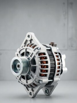 new car alternator on grey metallic background. automotive electrical generator for vehicle repair and maintenance. mechanical engineering concept. auto service workshop, spare part.
