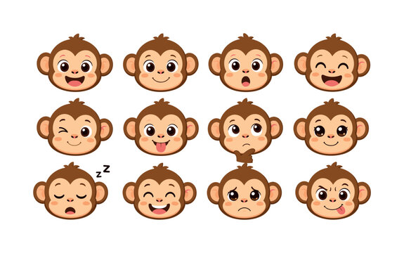 Cute monkey faces expressing various emotions and actions in a set