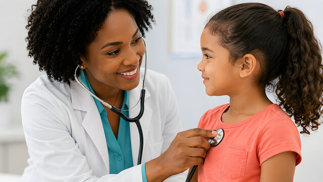 Woman in a white medical coat examines a child with a stethoscope during a routine healthcare check in a clinical setting.