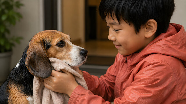 Young boy gently petting a beagle shares a close and affectionate moment with the dog in a warm indoor setting.