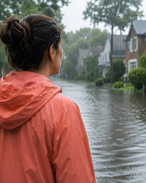 Woman in a raincoat observes a flooded residential street covered by standing water during severe rainy weather.