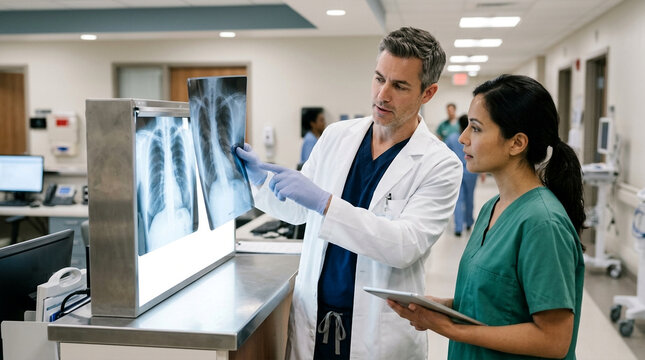 Medical professionals discussing patient x-rays in a busy hospital corridor with focus