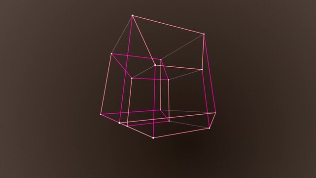 Dynamic Tesseract Wireframe Rotating in Dark Space with Glowing Pink Geometric Line Structure