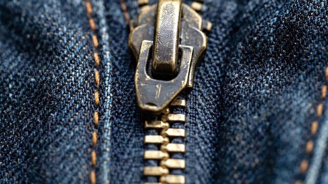 Tracking slow motion close up of zipper sliding along worn denim jeans with brass teeth on stitched pocket in daytime casual setting