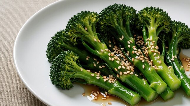 Tender broccolini stalks lightly dressed with savory sauce and sprinkled with toasted sesame seeds. Served on a clean white plate, this vegetable dish is a healthy and appetizing side.