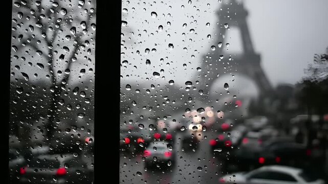 Paris, France, Europe. A closeup of raindrops on a window pane, depicting a rainy day in Paris, France. The raindrops are scattered across the glass, creating a textured pattern.