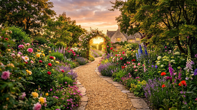 Charming cottage garden path with abundant colorful flowers at golden hour sunset
