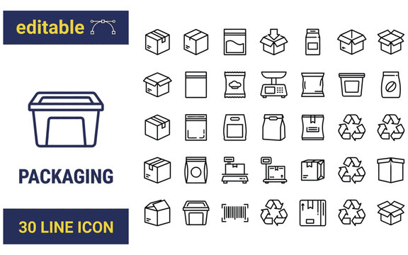 Packaging and shipping line icons set featuring cardboard boxes containers recycling symbols labels.