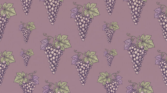 Seamless pattern of hand drawn grape bunches and vine leaves on dusty purple background for wine label design