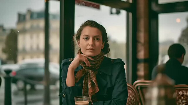 Paris, France, Europe. A contemplative woman sits in a cafe, gazing out a window at the Eiffel Tower. She wears a dark jacket and a patterned scarf, and holds a cup of coffee in her hand.