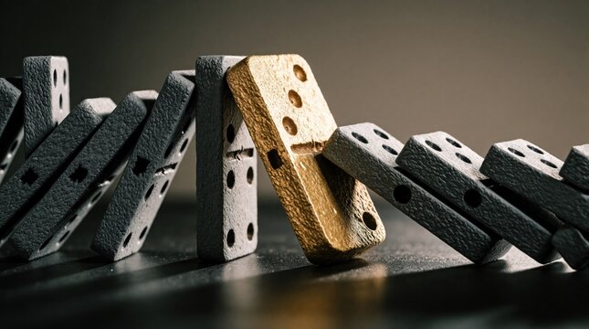 Gold domino halts falling gray dominoes chain reaction. Concept of strategic intervention crisis aversion and unique value stopping widespread failure in business or life.
