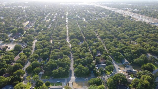 Endless live oak rows line parallel suburban roadways south of Airport Freeway. Shaded asphalt streets, single story homes, overhead power lines illustrate established communities, Hurst, Texas