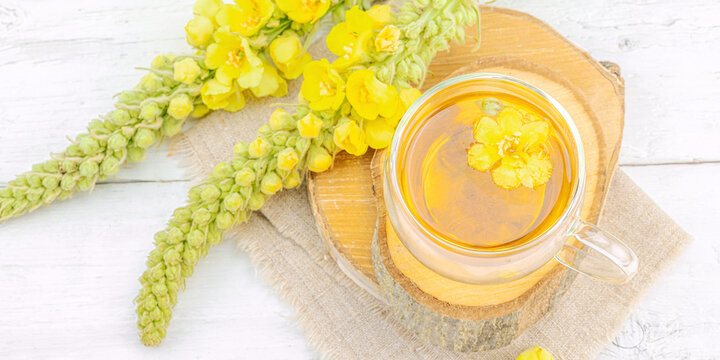 Glass cup of mullein herbal tea on natural wooden background with fresh Verbascum thapsus flowers