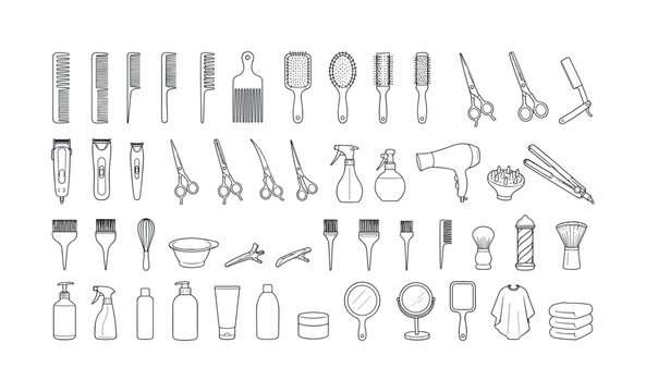 Collection of professional hair salon tools and accessories for styling and cutting