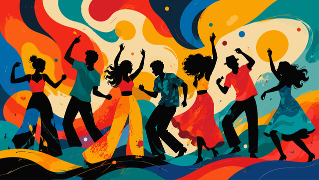 Vibrant silhouettes of diverse people dancing joyfully in abstract colorful background