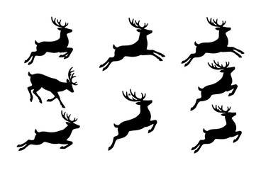 Fototapeta premium Set of 8 Black Silhouette Reindeer, Festive Christmas Animals in Dynamic Poses, Winter Wildlife Vector Icons for Holiday Design