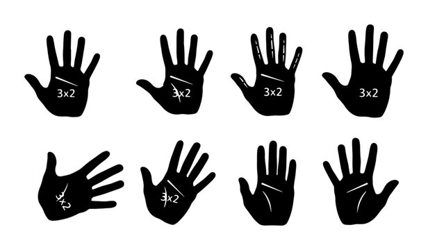 Palmistry Hand Icons, 8 Black Vector Silhouettes with 3x2 Markings, Mystical Fortune Telling Symbols for Esoteric and Spiritual Concepts